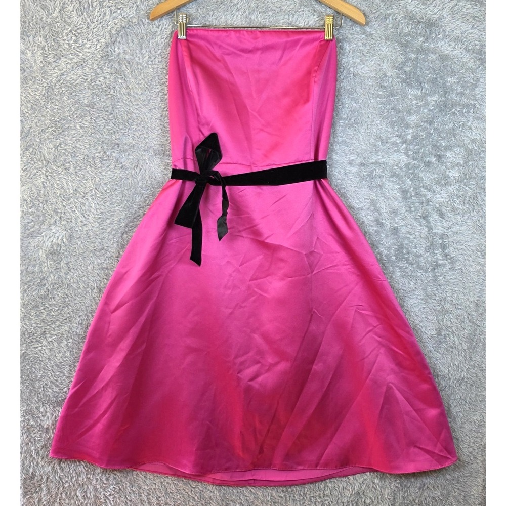 Vtg Y2K Alfred Angelo Pink Satin Strapless Dress Black Velvet Sash XL 14/16